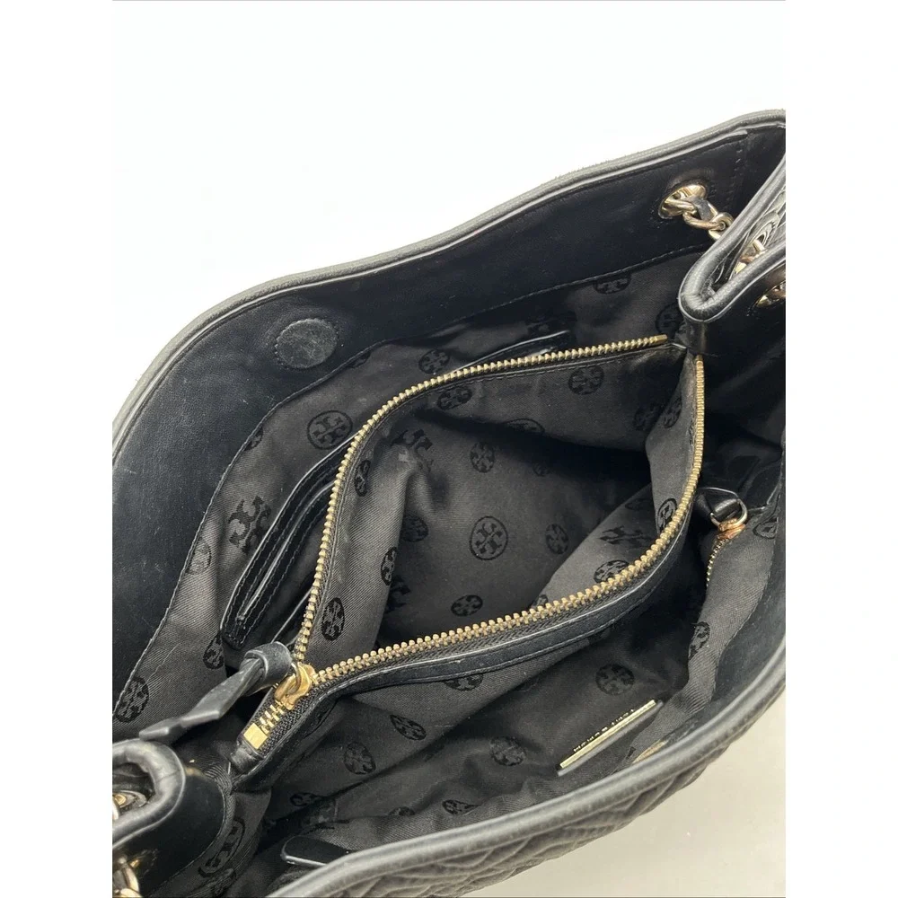 Tory Burch Marion Black Quilted Leather Tote Bag Chain Strap Large‎